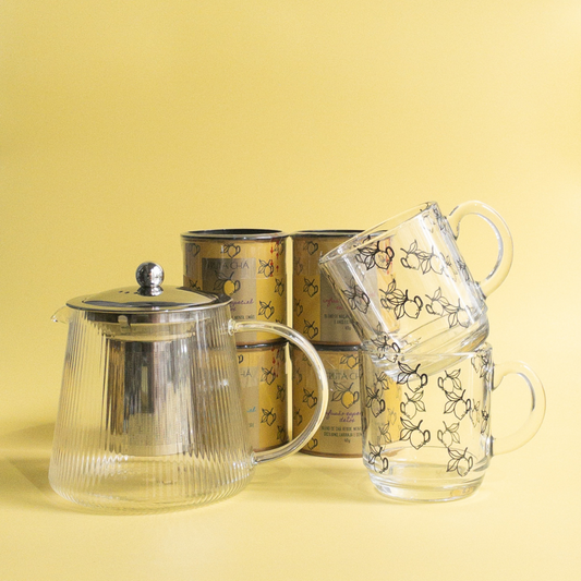 kit Goles de Amor: 4 Chás + Bule de vidro Lines + 2 Canecas