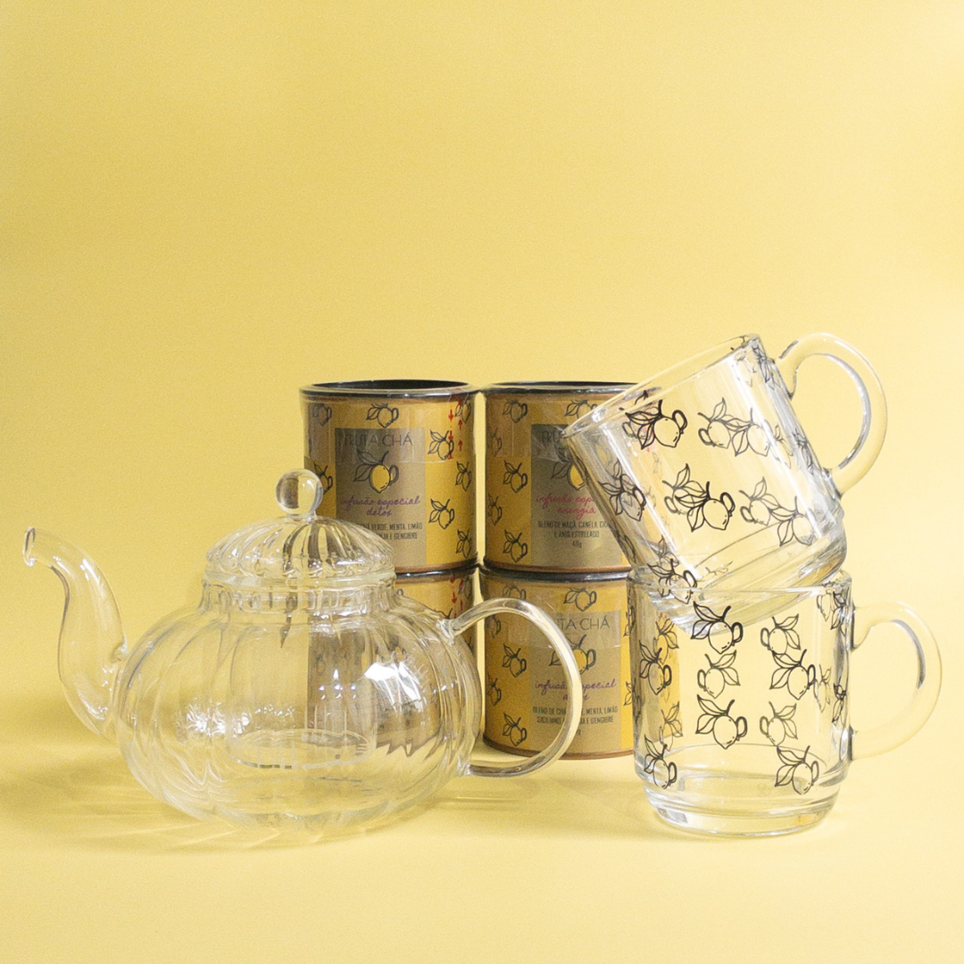kit Pausa Merecida: 4 Chás + Bule de vidro Classic + 2 Canecas