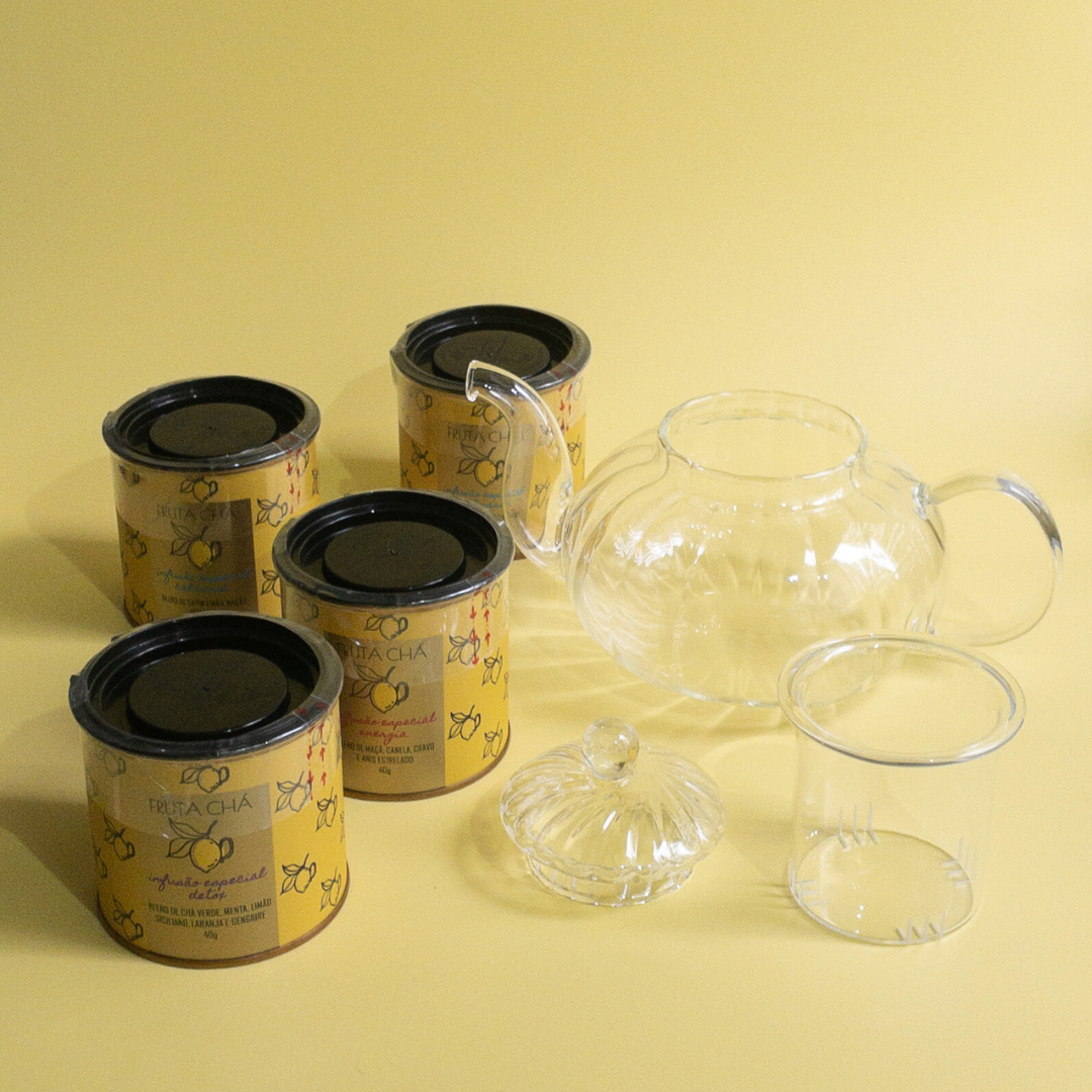 kit Pausa Merecida: 4 Chás + Bule de vidro Classic + 2 Canecas